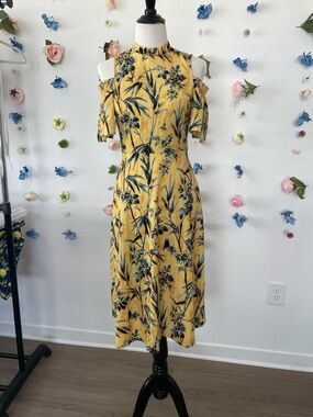 ASOS Yellow Floral Cold-Shoulder Midi Dress with Blue Print